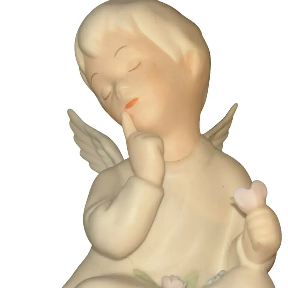 VTG Homco Bisque Angels W Roses Set 2 Signed Mizuno Victorian Cherub Christmas